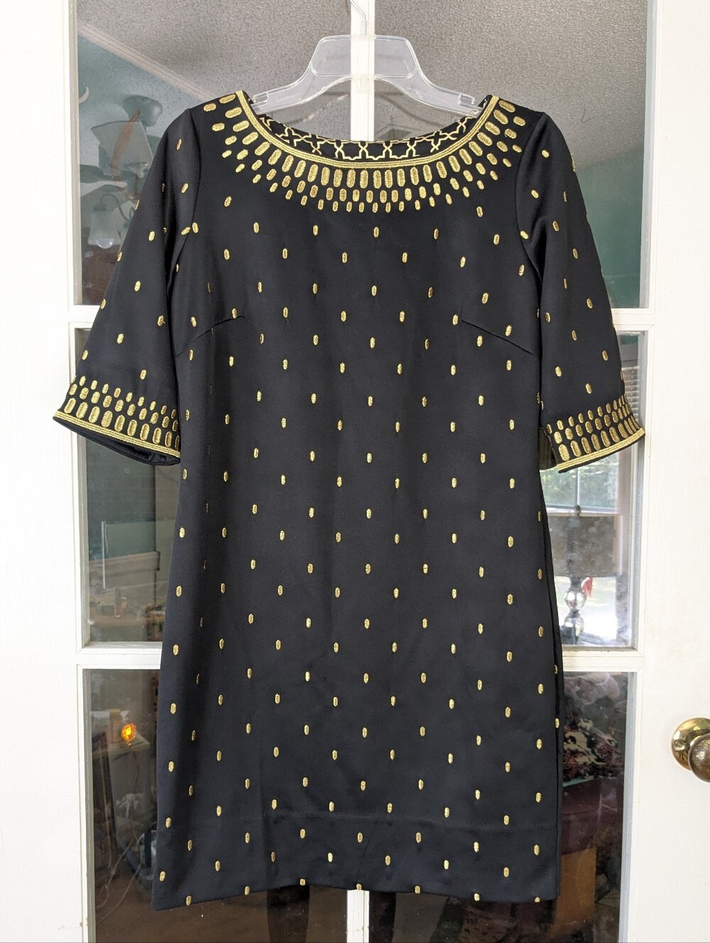 Gretchen Scott Black And Gold Printed Polkadot Embroidery Jersey Dress Size Smal